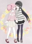  2girls :d ;) ^_^ akemi_homura argyle argyle_sweater arm_at_side backpack bag bare_legs black_hair black_hairband black_skirt blush casual closed_eyes eyebrows_visible_through_hair floating_hair floral_background flower flower_request frilled_skirt frills full_body grey_background grey_legwear hairband holding_hands kaname_madoka leaf long_hair looking_at_another mahou_shoujo_madoka_magica multiple_girls one_eye_closed open_mouth orange_flower pantyhose pink_flower pink_hair pink_sweater pokki_(sue_eus) purple_legwear red_flower red_footwear short_hair short_twintails simple_background skirt smile socks standing sweater turtleneck turtleneck_sweater twintails violet_eyes white_flower white_sweater yellow_flower yuri 