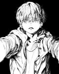  adam&#039;s_apple bangs black_background buttons collarbone commentary_request earrings eyebrows_visible_through_hair eyes_visible_through_hair greyscale hatching_(texture) highres jacket jewelry maki_keigo male_focus monochrome original parted_lips simple_background staring 