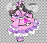  1girl alternate_costume bangs black_hair bonnet bow braid checkered checkered_background closed_mouth commentary dream_ball_(pokemon) dress flat_chest frilled_dress frills full_body gen_7_pokemon grey_background grey_eyes hair_between_eyes hair_bow hair_ornament happy jpeg_artifacts long_hair long_sleeves looking_at_viewer namako_plum official_style pantyhose pink_bow pink_dress pink_eyes pink_footwear pink_headwear plum_(plum_no_bouken_note) plum_no_bouken_note poke_ball poke_ball_symbol pokemon pokemon_(creature) pyukumuku shoes simple_background smile solo_focus standing tied_hair twin_braids two-tone_background virtual_youtuber white_legwear 
