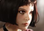  1girl bangs black_choker bob_cut brown_eyes brown_hair choker dated face highres leon_the_professional mathilda_lando portrait realistic short_hair solo user_ugym7535 