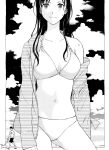  1boy 1girl absurdres bikini black_hair breasts commentary_request dog dog_walking greyscale highres jacket jacket_over_swimsuit long_hair looking_at_viewer medium_breasts monochrome navel official_art sakura_jun short_hair swimsuit watanuki_chihiro wet yugami-kun_ni_wa_tomodachi_ga_inai yugami_yuuji 