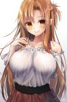  1girl asuna_(sao) bangs blush braid breasts brown_eyes brown_hair brown_skirt closed_mouth collarbone commentary_request eyebrows_visible_through_hair gradient gradient_background grey_background hair_between_eyes hand_up highres large_breasts long_hair looking_at_viewer off-shoulder_shirt off_shoulder one_side_up pleated_skirt puffy_short_sleeves puffy_sleeves ramchi shirt short_sleeves signature skirt smile solo sword_art_online very_long_hair white_background white_shirt 