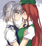  2girls asymmetrical_docking bangs beret black_neckwear black_ribbon blue_dress blue_eyes blush braid breast_press breasts dress eye_contact eyebrows_visible_through_hair finger_to_another&#039;s_mouth from_side green_eyes green_headwear green_vest hair_between_eyes hat hong_meiling izayoi_sakuya large_breasts long_hair looking_at_another maid maid_headdress multiple_girls neck_ribbon paburisiyasu parted_lips profile puffy_short_sleeves puffy_sleeves redhead ribbon shirt short_hair short_sleeves silver_hair sketch star touhou twin_braids upper_body very_long_hair vest white_background white_shirt yuri 
