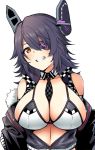  1girl between_breasts blush bra breasts checkered checkered_neckwear commentary_request eyepatch fur_collar grin horosuke_(toot08) jacket kantai_collection large_breasts necktie necktie_between_breasts off_shoulder open_clothes open_jacket purple_hair racequeen smile tenryuu_(kantai_collection) underwear upper_body white_background yellow_eyes 