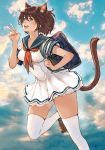  1girl animal_ears backpack bag blue_eyes blue_sky breasts brown_footwear brown_hair cat_ears cat_girl cat_tail clouds cloudy_sky collarbone day dress hand_up highres holding leg_up loafers makimura_shunsuke medium_breasts open_mouth original sailor_collar school_uniform shiny shiny_hair shoes short_dress short_hair short_sleeves simple_background sky solo tail teeth thigh-highs v white_legwear zettai_ryouiki 