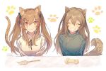  2girls animal_ears bangs brown_hair cat_ears cat_tail closed_eyes closed_mouth commentary_request dog_ears dog_tail girls_frontline hair_between_eyes hair_ornament hairclip long_hair looking_at_viewer moa_(21energy12) multiple_girls paw_background scar scar_across_eye tail teeth twintails twitter_username ump40_(girls_frontline) ump9_(girls_frontline) white_background 
