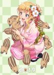  1girl 2019 :d animal bangs black_footwear blonde_hair blue_eyes blush boar braid checkered checkered_background chinese_zodiac crown_braid earrings eyebrows_visible_through_hair fingernails floral_print flower full_body green_background hair_flower hair_ornament highres holding holding_animal idolmaster idolmaster_cinderella_girls japanese_clothes jewelry kanzashi kimono long_hair long_sleeves looking_at_another nail_polish nigou obi obijime ootsuki_yui open_mouth pink_kimono pink_nails red_flower sandals sash sidelocks simple_background smile solo squatting tabi too_many wavy_hair white_flower white_legwear wide_sleeves year_of_the_pig zouri 
