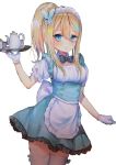  1girl :o alternate_costume alternate_hairstyle apron bangs blonde_hair blue_dress blue_eyes breasts bunny_hair_ornament cowboy_shot cup dress enmaided girls_frontline gloves hair_between_eyes hair_ornament hanato_(seonoaiko) hand_up high_ponytail highres holding holding_tray long_hair looking_at_viewer maid maid_apron maid_headdress medium_breasts parted_lips ponytail saucer short_sleeves sidelocks simple_background snowflake_hair_ornament solo standing suomi_kp31_(girls_frontline) teacup teapot thigh-highs tray waist_apron white_background white_gloves white_legwear zettai_ryouiki 
