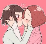  2girls bangs blunt_bangs blush braid brown_hair closed_eyes commentary_request crown_braid curly_hair do_m_kaeru hands_on_another&#039;s_face heart highres kiss long_sleeves multiple_girls nail_polish niijima_makoto okumura_haru persona persona_5 pink_background pink_nails pink_sweater profile red_eyes redhead ribbed_sweater shiny shiny_hair shirt short_hair short_over_long_sleeves short_sleeve_sweater short_sleeves simple_background sweater turtleneck turtleneck_sweater upper_body white_shirt wide-eyed yuri 
