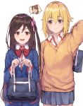  2girls :d bag bangs black_cola blazer blonde_hair blue_jacket blue_skirt bow brown_hair brown_sweater closed_mouth collared_shirt commentary_request cowboy_shot eyebrows_visible_through_hair flower hair_between_eyes hair_flower hair_ornament hand_up highres hitori_bocchi hitoribocchi_no_marumaru_seikatsu holding holding_bag honshou_aru jacket long_hair mole mole_under_eye multiple_girls o_o one_side_up open_mouth pink_flower pleated_skirt red_bow red_eyes school_bag shirt simple_background skirt smile spoken_character sunao_nako sweater v-shaped_eyebrows very_long_hair white_background white_shirt 