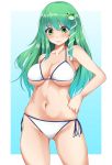 1girl ass_visible_through_thighs bangs bare_arms bare_shoulders bikini blue_background blush border breasts collarbone commentary_request cowboy_shot eyebrows_visible_through_hair frog_hair_ornament gradient gradient_background green_eyes green_hair hair_between_eyes hair_ornament halterneck hand_on_hip kochiya_sanae large_breasts long_hair looking_at_viewer navel outside_border paburisiyasu side-tie_bikini sidelocks smile snake_hair_ornament solo standing stomach swimsuit thighs touhou white_bikini white_border 