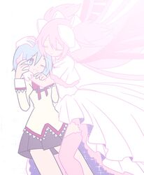  2girls ;d black_skirt blue_eyes blue_hair closed_eyes dress eyebrows_visible_through_hair floating_hair frilled_dress frills gloves goddess_madoka hair_ribbon happy_tears hug kaname_madoka light_smile long_dress long_hair long_sleeves looking_at_another mahou_shoujo_madoka_magica miki_sayaka mitakihara_school_uniform multiple_girls one_eye_closed open_mouth pink_dress pink_hair pink_legwear pleated_skirt pokki_(sue_eus) ribbon school_uniform short_hair simple_background skirt smile tears thigh-highs very_long_hair white_background white_gloves white_ribbon wide_sleeves wings zettai_ryouiki 