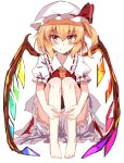  1girl ascot bangs barefoot blonde_hair bloomers blush commentary_request e.o. eyebrows_visible_through_hair flandre_scarlet full_body hair_between_eyes hat hat_ribbon highres knees_up looking_at_viewer mob_cap one_side_up puffy_short_sleeves puffy_sleeves red_eyes red_ribbon red_vest ribbon ribbon-trimmed_collar ribbon_trim shirt short_hair short_sleeves simple_background sitting smile solo touhou underwear vest white_background white_bloomers white_headwear white_shirt yellow_neckwear 