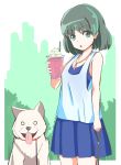  1girl bare_arms breasts brown_hair casual commentary_request dog drink green_eyes jewelry leash looking_at_viewer mononoke_hime necklace open_mouth san short_hair skirt t_shatsu 