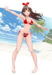  1girl :d absurdres armpits ass_visible_through_thighs bare_arms bare_legs bare_shoulders barefoot beach bikini blush bow bow_hairband breasts brown_hair clothes_writing collarbone day full_body gibun_(sozoshu) green_eyes hairband highres horizon kizuna_ai kizuna_ai_inc. looking_at_viewer medium_breasts multicolored_hair navel ocean open_mouth outdoors outstretched_arms palm_tree pigeon-toed red_bikini red_bow redhead side-tie_bikini smile solo standing stomach streaked_hair swimsuit tree two-tone_hair upper_teeth water 