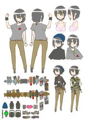  1girl absurdres assault_rifle beanie black_hair bra brown_eyes character_sheet choker cocoa_fuumi gun hair_between_eyes hat highres holding holding_gun holding_weapon hood hoodie jitome kaede-chan_(cocoa_fuumi) m4_carbine military military_operator multiple_views original pants rifle sanpaku simple_background trigger_discipline turnaround underwear watch watch weapon white_background 