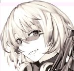  1girl commentary_request face girls_frontline greyscale headphones headphones_around_neck highres katagiri_ags looking_at_viewer messy_hair monochrome rimless_eyewear smile sunglasses thompson_submachine_gun_(girls_frontline) tsurime white_background 