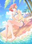  1girl asymmetrical_sleeves bandaged_arm bandages bangs barefoot beach bikini bikini_under_clothes blue_bikini blue_sky breasts clouds commentary_request day double_bun dutch_angle fate/grand_order fate_(series) feet fence frankenstein&#039;s_monster_(fate) frankenstein&#039;s_monster_(swimsuit_saber)_(fate) hair_ornament hair_over_one_eye hand_up highres horn jacket legs long_sleeves looking_at_viewer navel open_clothes open_jacket outdoors palm_tree parted_lips pink_hair sand shiosoda side_bun sitting sky sleeves_past_fingers sleeves_past_wrists small_breasts solo starfish swimsuit toenails tree violet_eyes water yellow_jacket 
