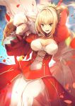  1girl aestus_estus ahoge arms_up bangs blonde_hair braid breasts collarbone covered_navel dress fate/extra fate_(series) french_braid green_eyes hair_bun hair_intakes highres juliet_sleeves laurel_crown long_sleeves nero_claudius_(fate) nero_claudius_(fate)_(all) no-kan open_mouth petals puffy_sleeves red_dress red_ribbon ribbon smile solo v-shaped_eyebrows 