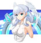  1girl blue_eyes blush clouds curly_hair dolling60883582 dollinger head_wings long_hair melia silver_hair simple_background sky solo wings xenoblade_(series) xenoblade_1 