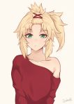  1girl artist_name bare_shoulders blonde_hair collarbone commentary_request darahan eyebrows_visible_through_hair fate/apocrypha fate_(series) green_eyes hair_ornament long_sleeves looking_at_viewer mordred_(fate) mordred_(fate)_(all) off_shoulder one_side_up ponytail red_sweater simple_background solo sweater upper_body white_background 