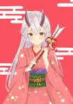  1girl absurdres arrow blush commentary_request fate/grand_order fate_(series) hair_between_eyes hamaya highres holding_arrow horns japanese_clothes kimono long_hair looking_at_viewer nasa_(d-proglution) oni_horns pink_kimono red_eyes silver_hair smile solo tomoe_gozen_(fate/grand_order) 