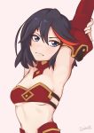  1girl artist_name black_hair blue_eyes blush breasts commentary cosplay darahan detached_sleeves fate_(series) hair_between_eyes highlights kill_la_kill matoi_ryuuko midriff mordred_(fate) mordred_(fate)_(all) mordred_(fate)_(cosplay) multicolored_hair red_sleeves redhead revealing_clothes short_hair simple_background small_breasts solo streaked_hair upper_body white_background 