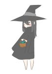  1girl :t absurdres barefoot basket black_hair blush cocoa_fuumi commentary_request hair_between_eyes halloween hat highres long_hair looking_at_viewer original rinko-san_(cocoa_fuumi) sanpaku simple_background white_legwear witch witch_hat 