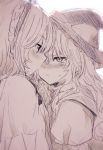  2girls alice_margatroid aoi_(annbi) blush commentary_request ear_blush face-to-face frown hairband hat kirisame_marisa kiss_day long_hair looking_at_another monochrome multiple_girls short_hair sweatdrop touhou witch_hat yuri 
