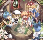  6+girls american_flag_dress american_flag_legwear antennae black_hair blonde_hair blue_dress blue_eyes blue_hair bow butterfly_wings chestnut_mouth cirno clownpiece commentary cup curtains dress drill_hair eternity_larva fairy fairy_wings flower frying_pan green_dress hair_bow hair_ornament hat houshiruri ice ice_wings jester_cap ladder leaf leaf_hair_ornament leaf_on_head luna_child map multiple_girls neck_ruff red_eyes star_sapphire sunny_milk tagme toaster touhou tree_stump white_dress white_headwear window wings wooden_wall yellow_eyes yellow_wings 