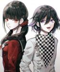  1boy 1girl artist_name black_hair checkered checkered_scarf commentary_request dangan_ronpa eyebrows_visible_through_hair from_side hair_between_eyes hair_ornament hair_scrunchie harukawa_maki jacket long_hair looking_at_viewer low_twintails mole mole_under_eye new_dangan_ronpa_v3 ouma_kokichi purple_hair red_eyes red_scrunchie red_shirt sakuyu scarf scrunchie shirt simple_background twintails twitter_username upper_body upper_teeth violet_eyes white_background white_jacket 