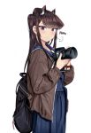  1girl animal_ear_fluff animal_ears backpack bag bangs black_backpack blue_dress blush brown_hair brown_jacket camera cat_ears closed_mouth dress eyebrows_visible_through_hair highres holding holding_camera jacket komi-san_wa_komyushou_desu komi_shouko long_hair long_sleeves looking_at_viewer open_clothes open_jacket r3d simple_background smile solo standing upper_body violet_eyes watch watch white_background 