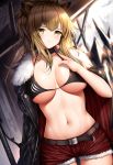  1girl animal_ears arknights axe bangs bare_shoulders belt bikini black_bikini black_eyes black_jacket blonde_hair blurry blurry_background blush breasts candy check_commentary chinese_commentary choker collarbone commentary_request cowboy_shot expressionless food fur-trimmed_jacket fur-trimmed_shorts fur_trim groin hair_between_eyes highres holding holding_food jacket jacket_on_shoulders large_breasts lion_ears lollipop long_hair navel over_shoulder red_shorts short_shorts shorts siege_(arknights) solo stomach swimsuit upper_body wsman yellow_eyes 