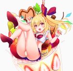  1girl :d arm_up ass bangs bare_arms bare_legs blonde_hair blush bra commentary_request crop_top crystal cup drinking_glass eyebrows_visible_through_hair flandre_scarlet food frilled_bra frills front-tie_top fruit full_body grey_background hair_between_eyes hair_ribbon hand_up high_heels in_container in_cup in_food leaf legs_up long_hair looking_at_viewer lying microskirt midriff no_hat no_headwear on_back one_side_up open_mouth panties pantyshot pantyshot_(lying) polka_dot polka_dot_bra red_bra red_eyes red_footwear red_ribbon red_skirt ribbon rimu_(kingyo_origin) shirt simple_background skirt smile solo strawberry thighs tied_shirt touhou underwear white_shirt wings wrist_cuffs yellow_panties 