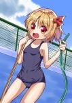  1girl alternate_costume armpit_peek arms_up blonde_hair blue_sky breasts broom chain-link_fence clouds collarbone contrapposto cowboy_shot dutch_angle empty_pool eyebrows_visible_through_hair fence hair_between_eyes hair_ribbon highres holding holding_broom holding_hose hose looking_at_viewer old_school_swimsuit one-piece_swimsuit open_mouth red_eyes ribbon rumia school_swimsuit short_hair sky small_breasts solo standing sugiyama_ichirou swimsuit touhou wet wet_clothes wet_hair 
