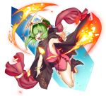  1girl cape chiki circlet dress fire fire_emblem fire_emblem:_mystery_of_the_emblem fire_emblem_heroes green_eyes green_hair hair_ornament highres long_hair mamkute open_mouth pink_dress pointy_ears ponytail rx_hts short_dress simple_background solo stone tiara 
