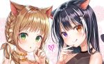 2girls :o :q animal_ears bad_id bad_twitter_id bare_shoulders black_hair braid brown_eyes brown_hair brown_ribbon cat_ears choker closed_mouth collarbone frilled_choker frills green_eyes hair_intakes hair_ornament hair_ribbon hand_on_own_cheek hand_up heart heterochromia long_hair looking_at_viewer low_twintails multicolored_hair multiple_girls original parted_lips r_o_ha ribbon sleeveless smile streaked_hair tail tongue tongue_out twintails two-tone_hair upper_body violet_eyes white_hair x_hair_ornament 