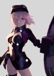  1girl armored_leotard bangs black_gloves black_leotard breasts closed_mouth eyebrows_visible_through_hair fate/grand_order fate_(series) floating_hair gloves grey_background hair_over_one_eye head_mounted_display highres holding leotard looking_at_viewer mash_kyrielight medium_breasts ortenaus purple_hair purple_legwear shield simple_background solo soupchan thigh-highs v-shaped_eyebrows violet_eyes wind 