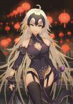  1girl alternate_costume bikuwa breasts china_dress chinese_clothes closed_mouth commentary_request cowboy_shot detached_sleeves dress fate/grand_order fate_(series) fingerless_gloves gloves headpiece jeanne_d&#039;arc_(alter)_(fate) jeanne_d&#039;arc_(fate)_(all) lantern large_breasts long_hair solo sword thigh-highs tsurime urban weapon yellow_eyes 