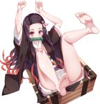  1girl absurdres arms_up bare_legs barefoot black_hair black_kimono blush box eyebrows_visible_through_hair feet feet_up fingernails forehead gatari hair_ribbon highres japanese_clothes kamado_nezuko kimetsu_no_yaiba kimono legs_up long_hair looking_at_viewer mouth_hold multicolored_hair no_panties no_shoes on_box orange_hair pink_eyes pink_ribbon pov_feet ribbon simple_background soles solo thighs toes very_long_hair white_background 