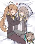  2girls bangs black_jacket black_legwear blush brown_hair closed_eyes commentary_request dakimakura_(object) dakunesu drooling girls_frontline hair_between_eyes highres hood hooded_jacket jacket long_hair long_sleeves multiple_girls open_mouth pantyhose pillow pillow_hug pleated_skirt scar scar_across_eye skirt ump45_(girls_frontline) ump9_(girls_frontline) zzz 