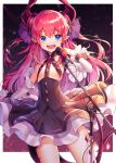  1girl :d absurdres black_skirt blue_eyes detached_sleeves elizabeth_bathory_(fate)_(all) eyebrows_visible_through_hair fate/extra fate/extra_ccc fate_(series) flat_chest floating_hair hair_between_eyes hair_ornament highres holding_microphone_stand horns layered_skirt long_hair long_sleeves looking_at_viewer open_mouth pink_hair pointy_ears shiny shiny_hair skirt smile solo standing tail very_long_hair white_sleeves 