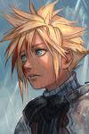  1boy blonde_hair blood bloody_hair blue_eyes cloud_strife final_fantasy final_fantasy_vii hair_between_eyes hankuri looking_away male_focus panicking parted_lips rain sad short_hair shoulder_pads simple_background solo spiky_hair spoilers turtleneck upper_body wet 