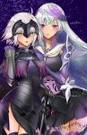  2girls ahoge aile_t armor armored_dress black_dress black_legwear black_skirt blush brynhildr_(fate) dress fate/grand_order fate/prototype fate/prototype:_fragments_of_blue_and_silver fate_(series) faulds feathers floating_hair gauntlets hair_feathers hand_on_hilt hands_on_another&#039;s_shoulder highres holding_hands jeanne_d&#039;arc_(alter)_(fate) jeanne_d&#039;arc_(fate)_(all) long_hair looking_at_viewer miniskirt multiple_girls open_mouth pleated_skirt purple_feathers sailor_collar short_hair side_slit silver_hair skirt standing sword thigh-highs very_long_hair violet_eyes weapon white_sailor_collar yellow_eyes 