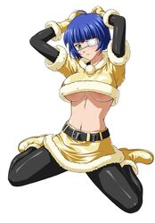  1girl ahoge arms_up belt belt_buckle black_belt black_legwear black_sleeves blue_hair breasts buckle crop_top eyepatch full_body fur-trimmed_boots fur-trimmed_gloves fur-trimmed_skirt fur_trim gloves green_eyes highres ikkitousen large_breasts light_smile long_sleeves midriff mole mole_under_mouth navel pantyhose ryomou_shimei shiny shiny_clothes shiny_hair short_hair simple_background sitting skirt solo stomach under_boob white_background yellow_footwear yellow_gloves yellow_skirt 