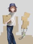  1girl box brown_eyes brown_hair cardboard_box carrying commentary denim fjsmu hat jeans looking_back medium_hair open_mouth original pants phone pot pot_on_head robot solo walking 