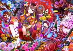  1girl ;) bare_shoulders bird black_hair breasts cherry_blossoms dog flower full_moon fusuma geta hair_flower hair_ornament hair_ribbon highres holding holding_umbrella japanese_clothes katana kimono long_hair medium_breasts monkey moon multicolored_hair nichika_(nitikapo) night one_eye_closed oni_horns oriental_umbrella original pheasant red_footwear redhead ribbon sitting sliding_doors smile streaked_hair sword twintails umbrella unsheathed weapon 