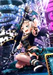  1girl :d aoba_moca aqua_skirt arm_strap arm_up bang_dream! black_footwear black_gloves black_headwear black_jacket black_nails black_wings blue_eyes brown_legwear detached_sleeves earrings feathered_wings fingerless_gloves frilled_skirt frills full_body gloves hair_between_eyes hat highres holding_microphone_stand ink_(pixiv25450915) jacket jewelry layered_skirt looking_at_viewer miniskirt nail_polish open_mouth outstretched_arm outstretched_hand plaid plaid_skirt short_hair short_sleeves silver_hair single_wing sitting skirt smile solo stage striped_sleeves thighs torn_clothes torn_legwear wings 