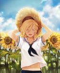  1boy ^_^ arms_up blonde_hair blue_sky closed_eyes clouds flower hat highres male_focus midriff navel open_mouth pinkiepies2 sailor_collar sky smile straw_hat sunflower yuri!!!_on_ice yuri_plisetsky 