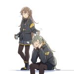  2girls armband black_legwear brown_eyes brown_hair closed_eyes cup disposable_cup elbows_on_knees girls_frontline hair_between_eyes hair_color_request hands_on_own_cheeks hands_on_own_face head_rest holding holding_cup jacket long_hair long_sleeves multiple_girls object_on_head one_side_up open_mouth pantyhose pleated_skirt scar scar_across_eye sitting skirt smile standing star ump40_(girls_frontline) ump45_(girls_frontline) white_background xinhao 
